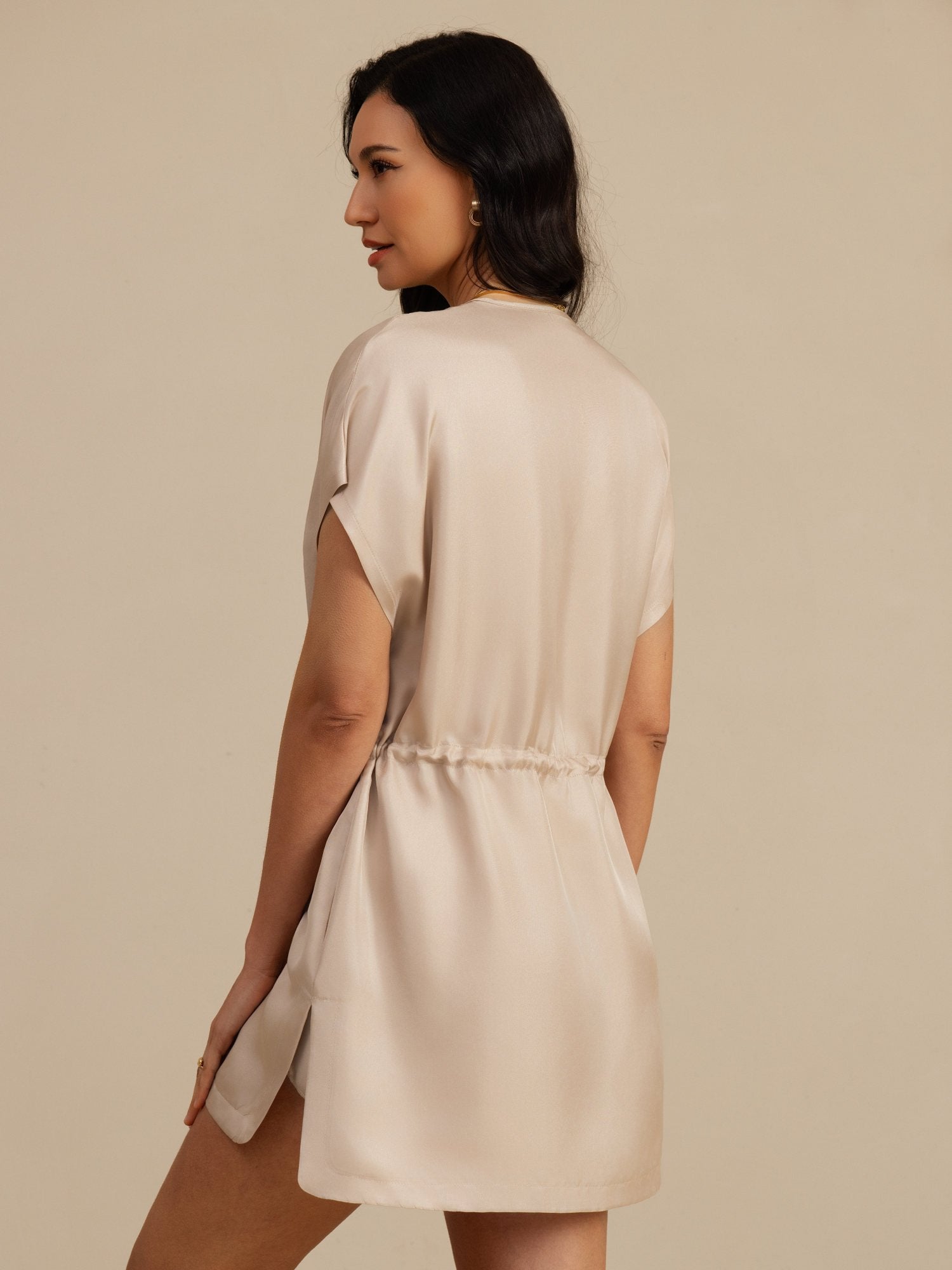 [Tan] SilkSilky 18Momme Silk Satin Surah Cap Sleeve Henley Neck Dress 002