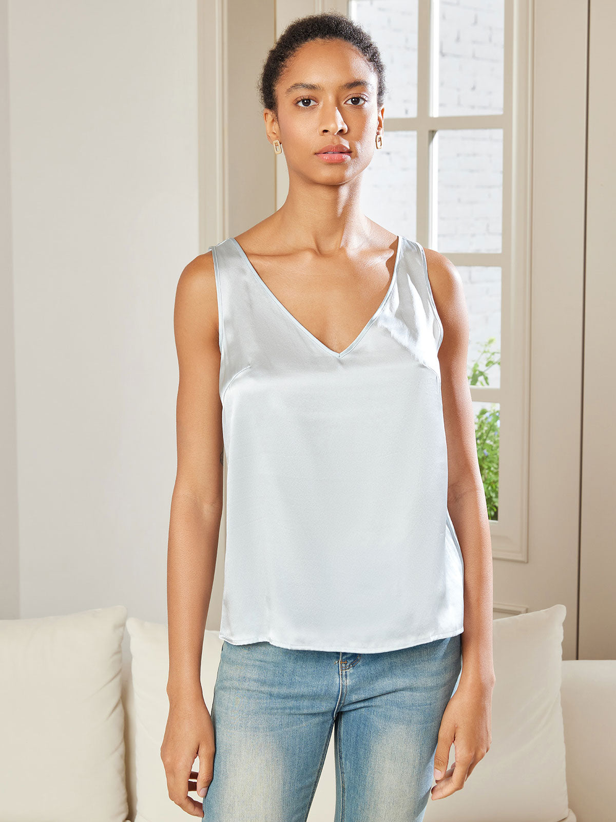 SilkSilky US Pure Silk Sleeveless V Neck Camisole Top LightBlue 005