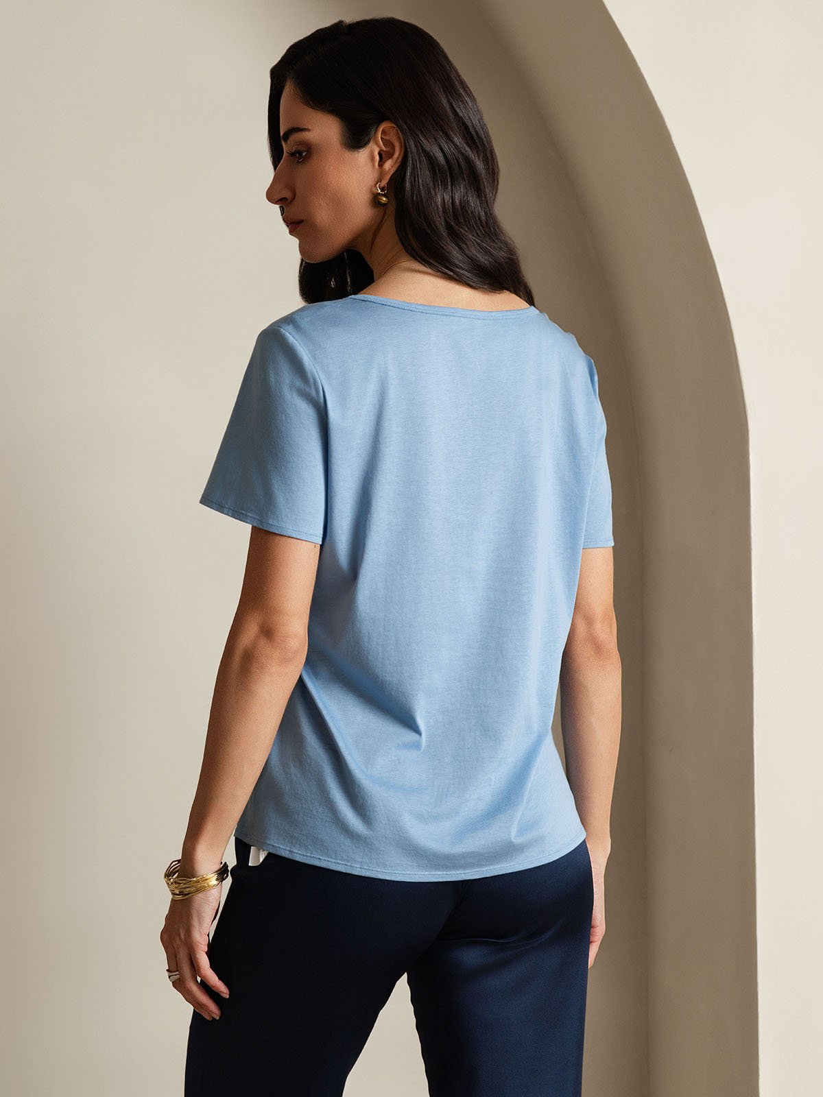 SilkSilky Silk Blend Short Sleeve V Neck Women's T-Shirt Blue 002