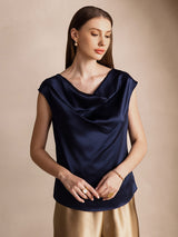 [Dark Blue] SilkSilky  19Momme Stretch Silk Charmeuse Cap Sleeve Cowl Neck Women's T-Shirt 001