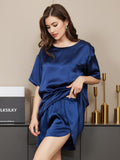 SilkSilky US Pure Silk Short Sleeve Round Neck Women's Pajamas DarkBlue 005