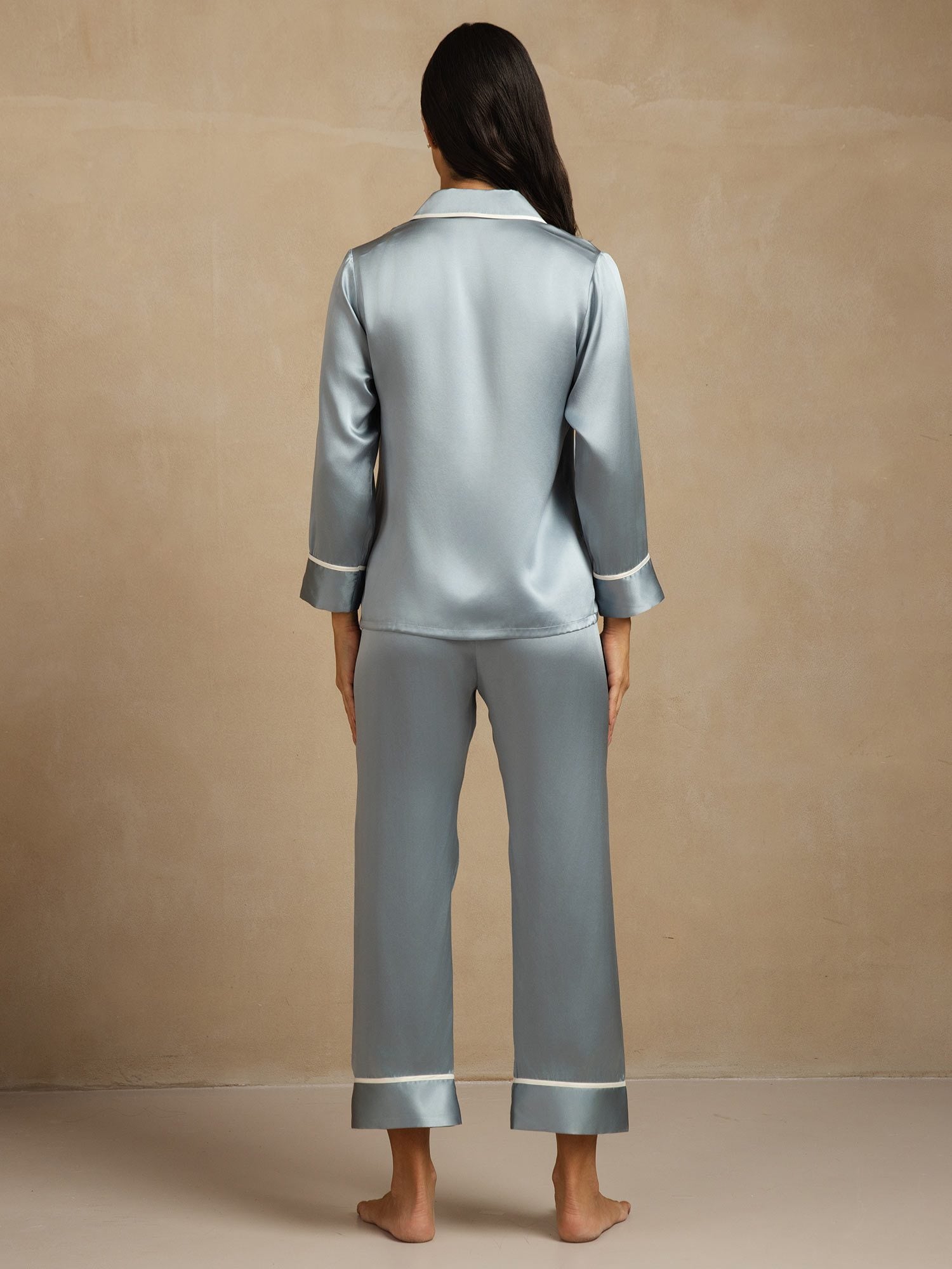 [GrayishBlue] SilkSilky Pure Silk Lapel Collar Women's Pajamas 002