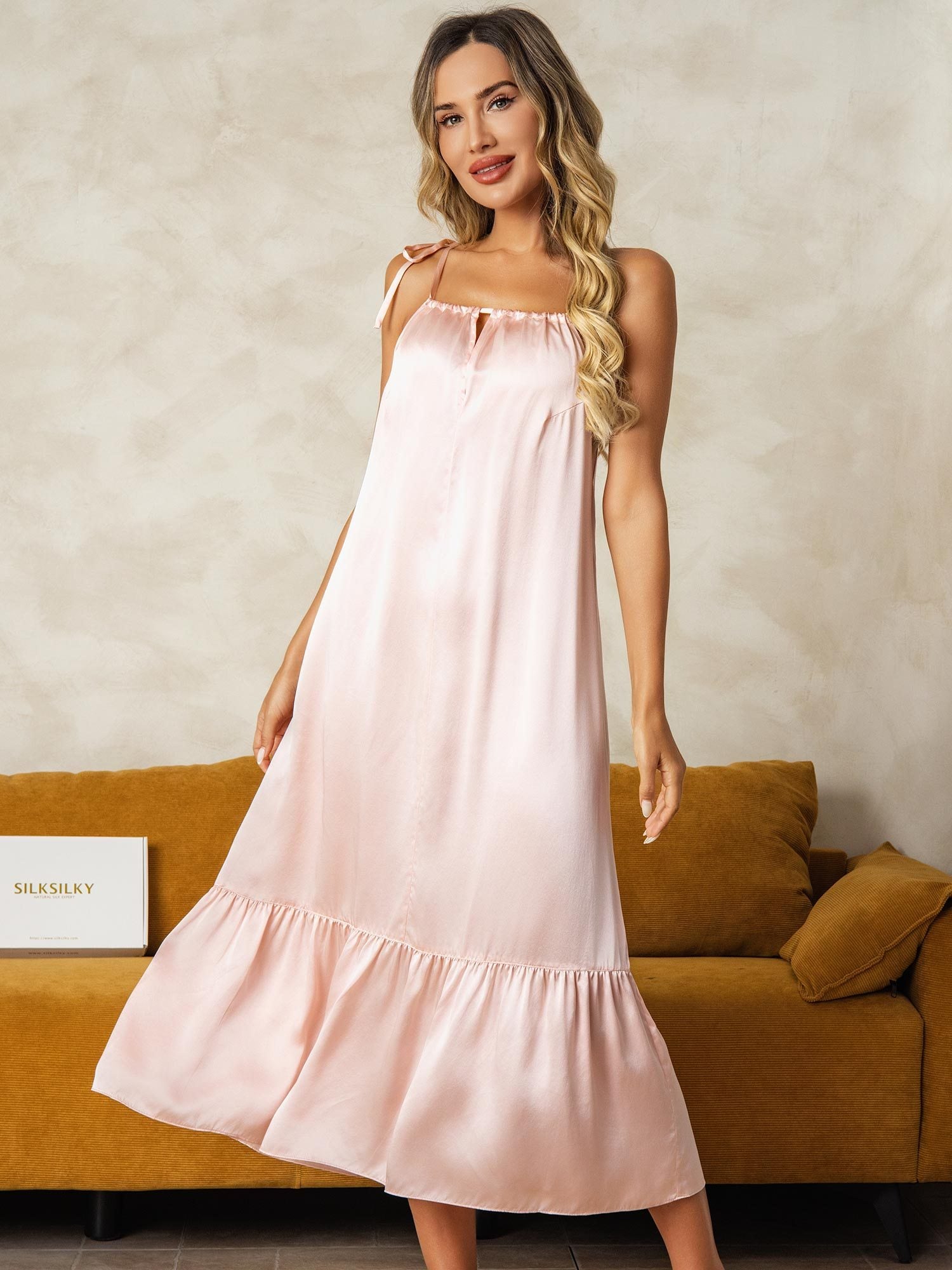 [Pink] SilkSilky Pure Silk Keyhole Neck Nightgown 003