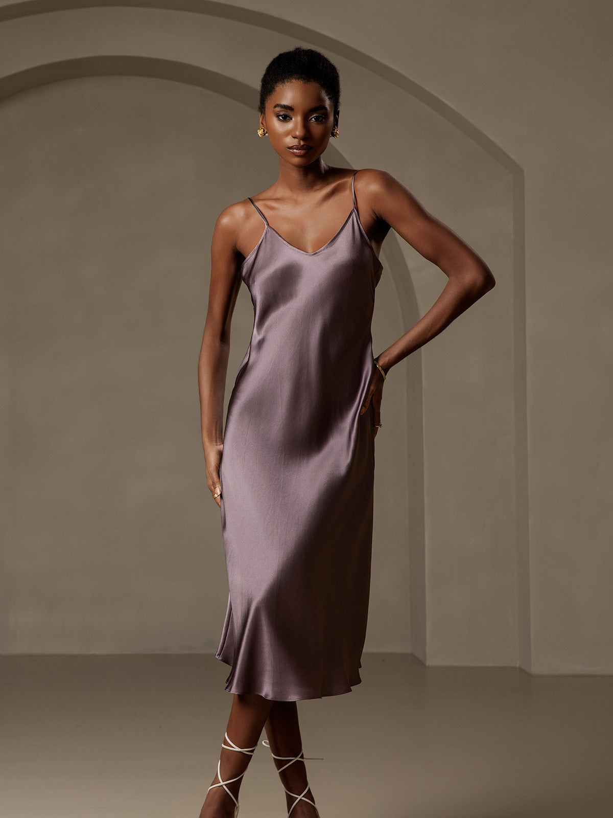 SilkSilky  Pure Silk Deep V Neck Dress PurpleGray 004