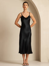 [Black] SilkSilky Spaghetti Strap V Neck Dress 001