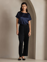 [Dark Blue] SilkSilky  19Momme Stretch Silk Charmeuse Short Sleeve Boat Neck Women's T-Shirt 005