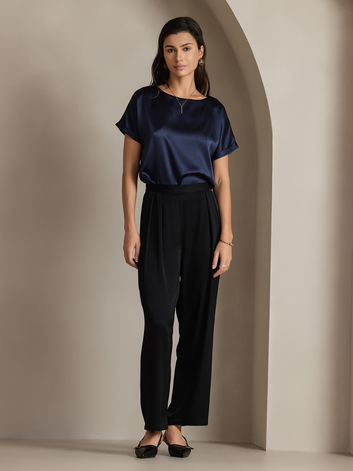 [Dark Blue] SilkSilky  19Momme Silk Round Neck Women's T-Shirt 005