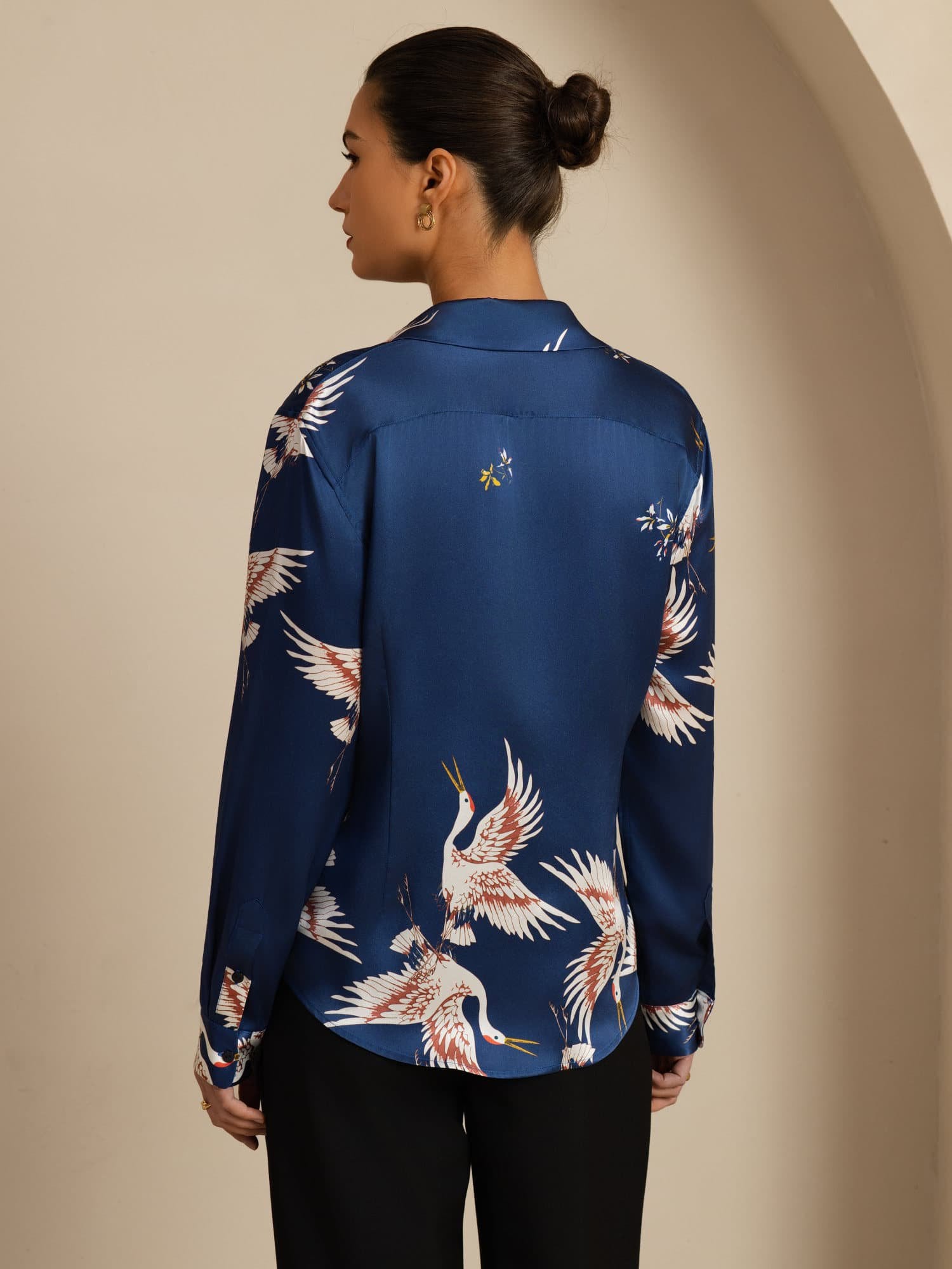 [Dark Blue] SilkSilky  19Momme Long Sleeve Lapel Collar Women's Shirt 002