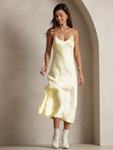 [Light Yellow] SilkSilky  Pure Silk Spaghetti Strap V Neck Dress 006