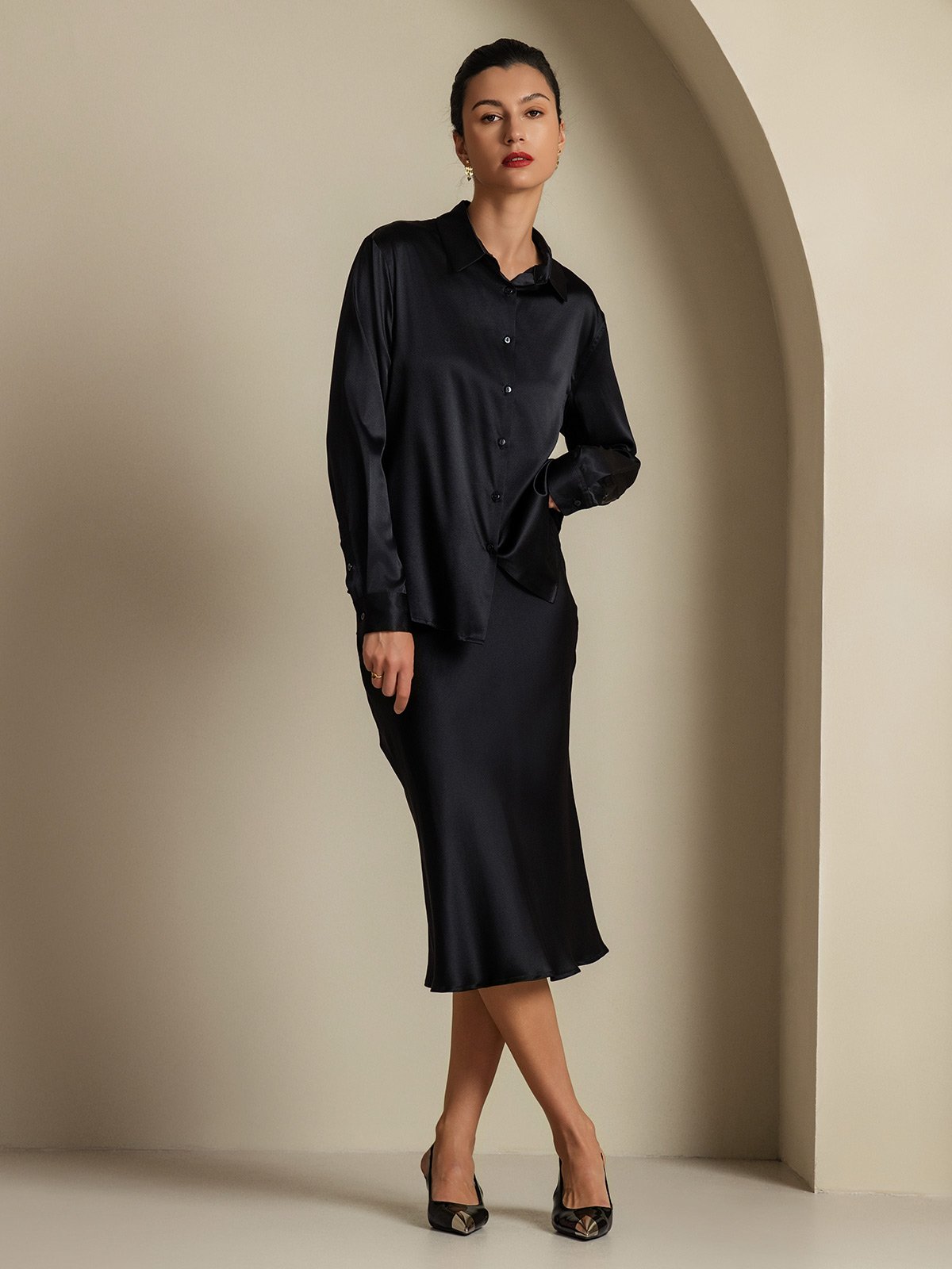 [Black] SilkSilky  19Momme Silk Lapel Collar Women''s Outfit Sets 001,