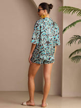 [Teal Botanical] SilkSilky Short Sleeve Notch Collar Women's Pajamas 002