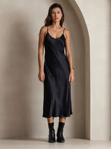 [Black] SilkSilky  Pure Silk Spaghetti Strap V Neck Dress 005