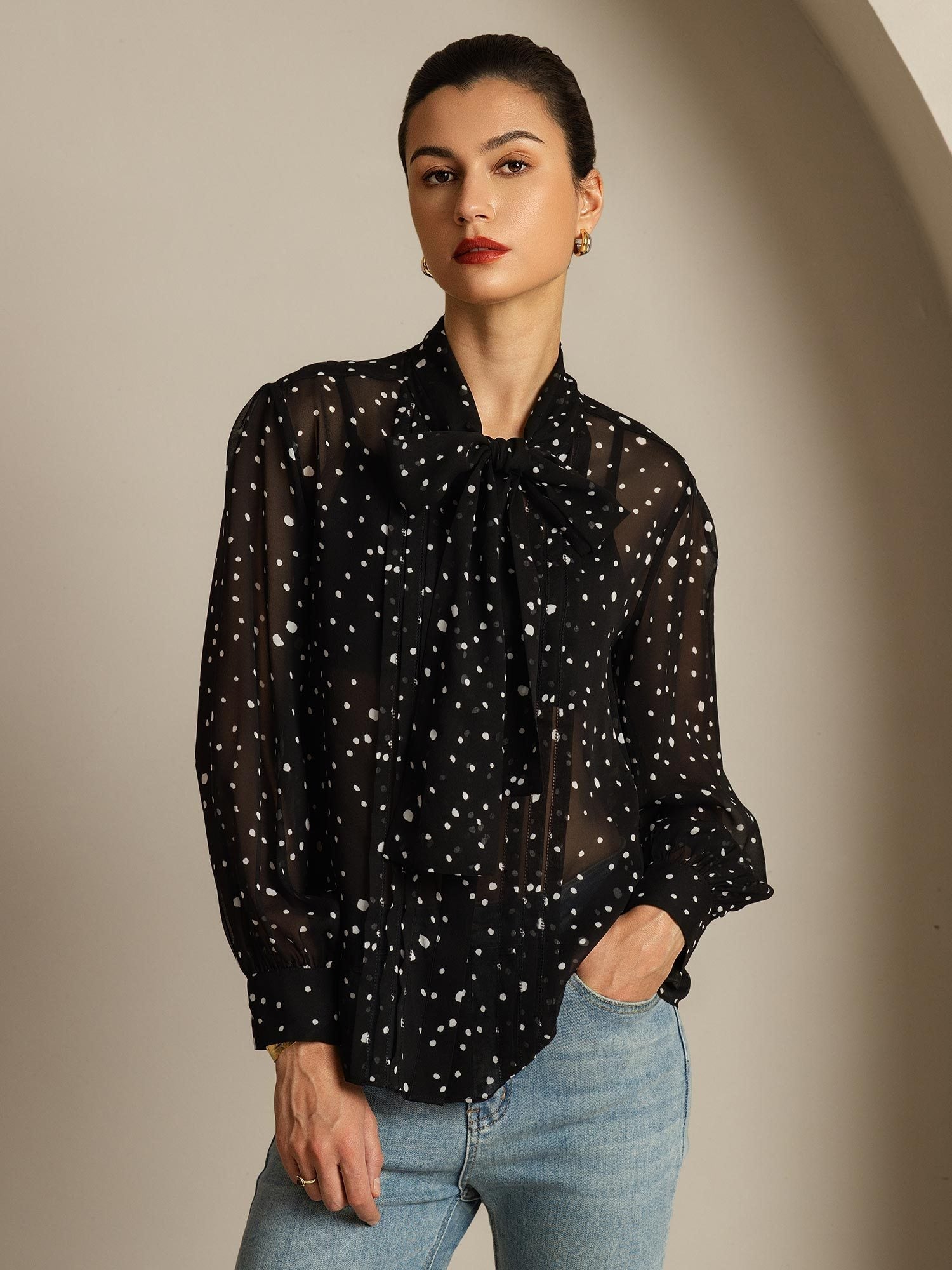 [PolkaDot] SilkSilky Pure Silk Tie Neck Women's Shirt 006