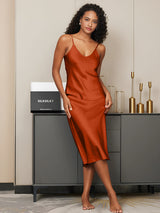 [Caramel] SilkSilky  Pure Silk Spaghetti Strap V Neck Dress 004