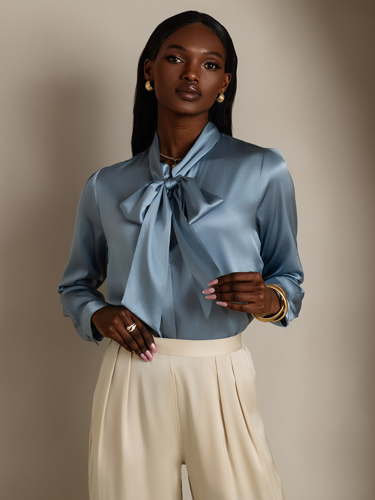 [Grayish Blue] SilkSilky 19Momme Silk Long Sleeve Tie Neck Women's Shirt 004