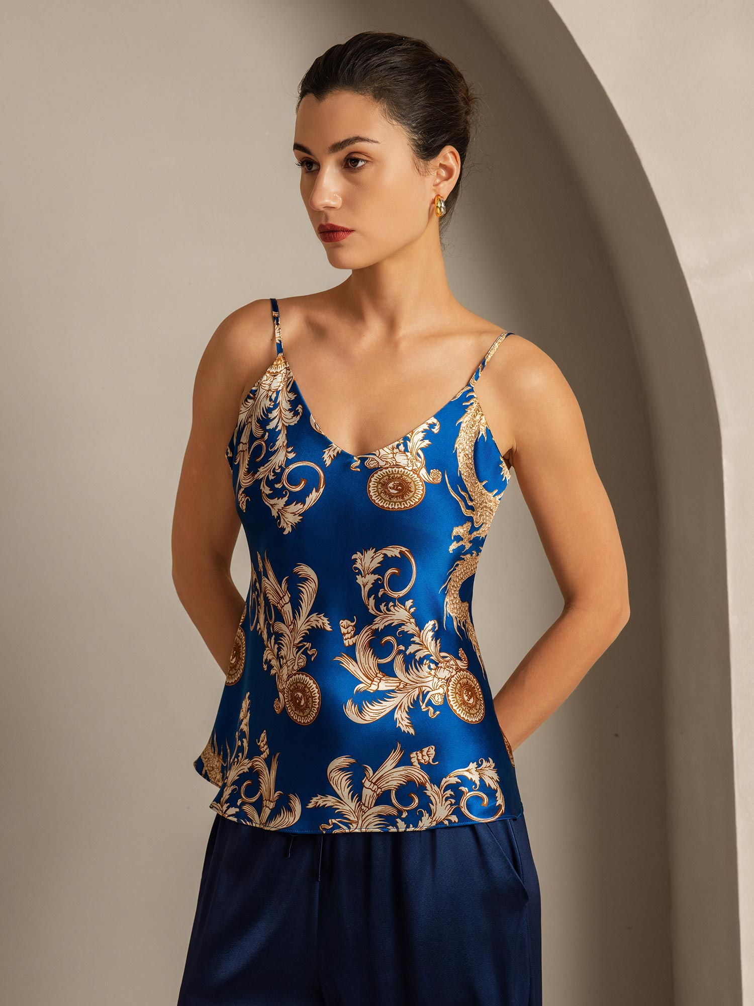 [Navy Dragon] SilkSilky  Pure Silk V Neck Camisole Top 005