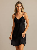 [Black] SilkSilky  Spaghetti Strap V Neck Nightgown 004