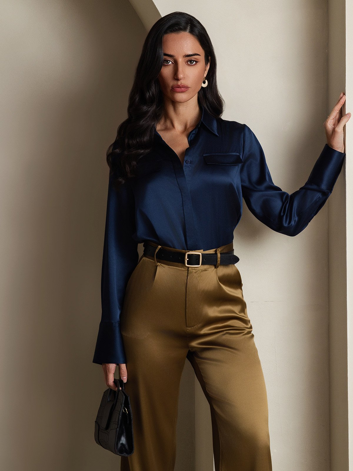 SilkSilky 19Momme Silk Long Sleeve Collar Women's Shirt DarkBlue 006