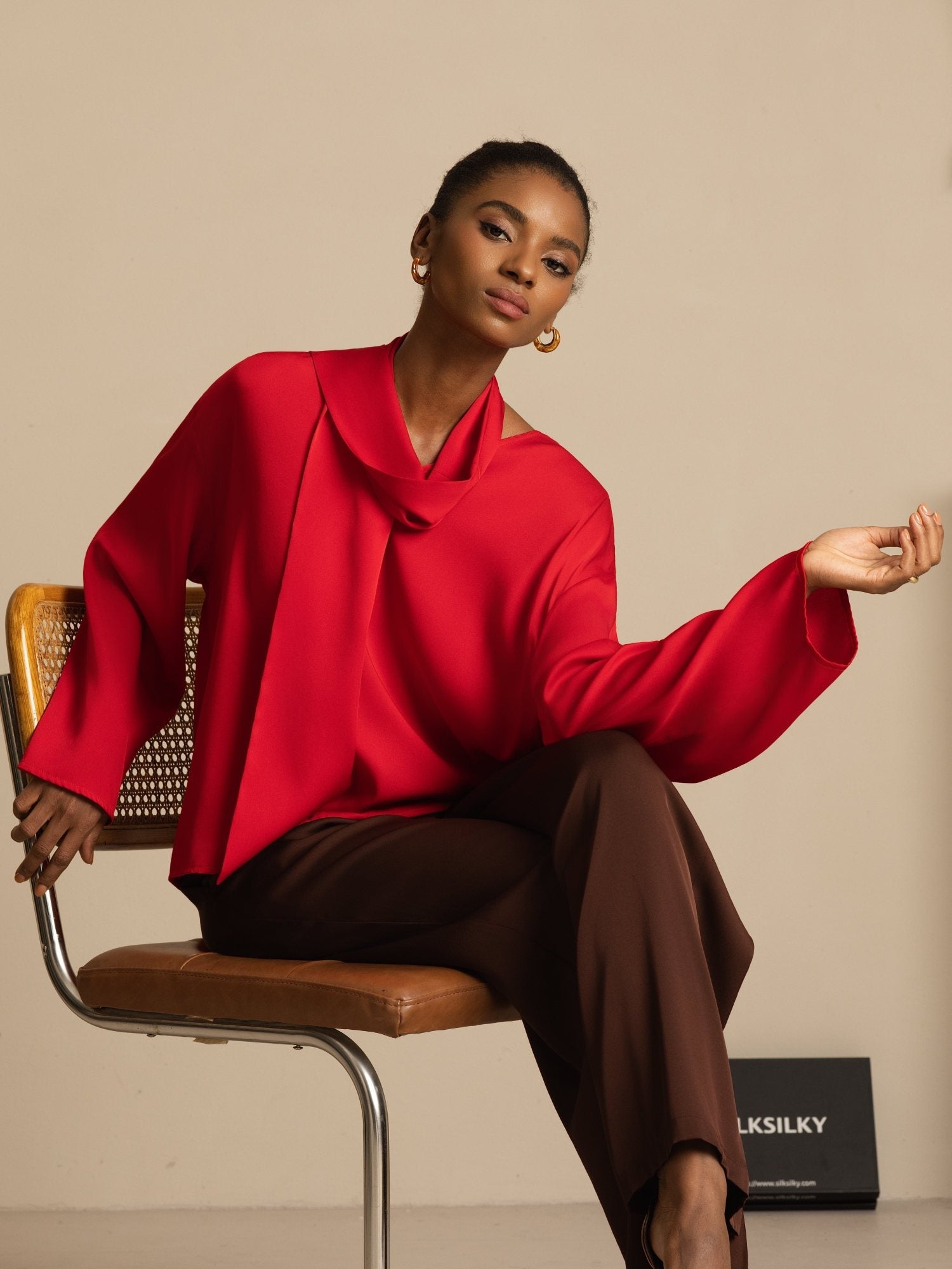 [Wine] SilkSilky 19Momme Silk Long Sleeve V Neck Blouse 005