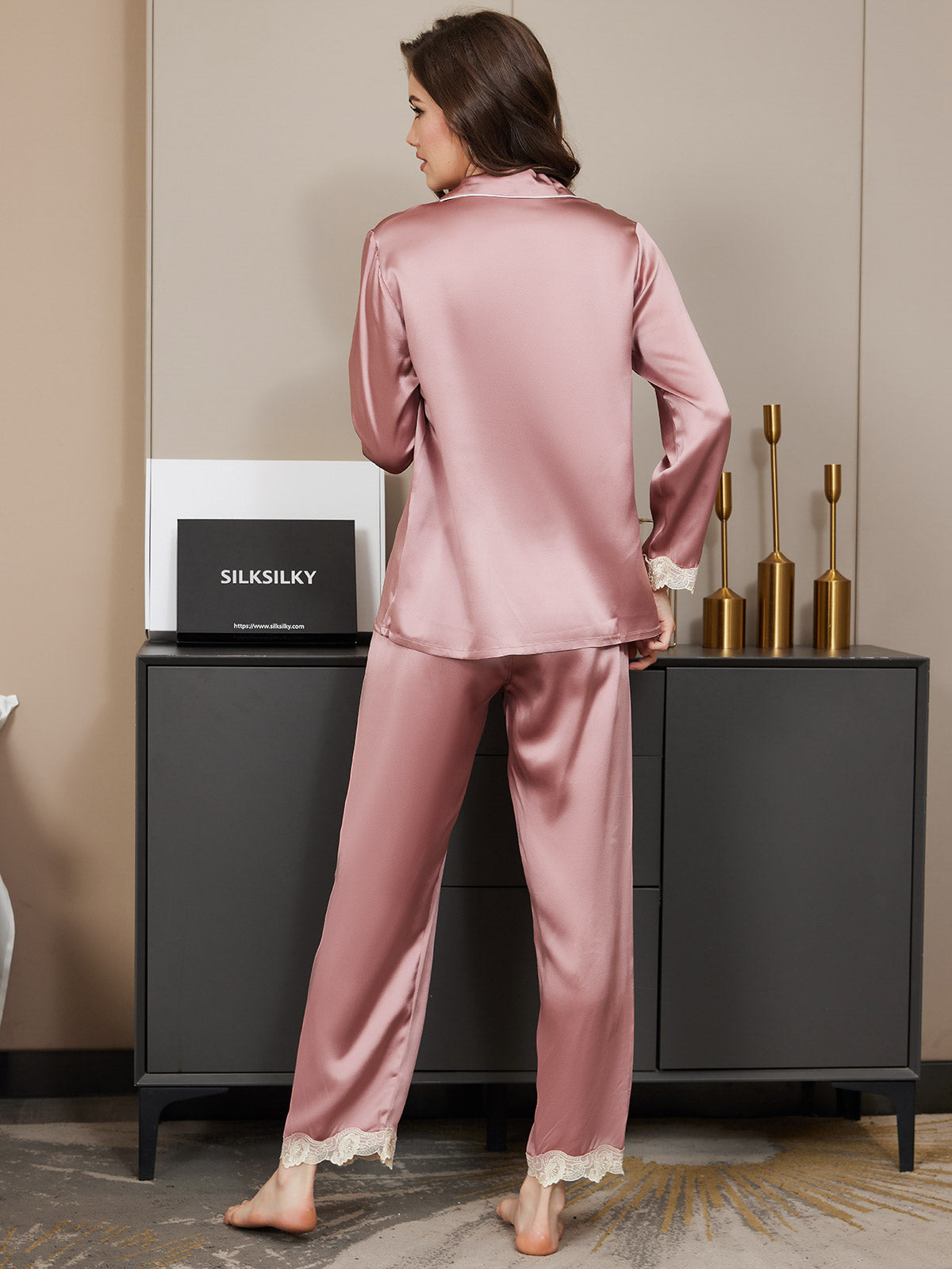 [Pale Mauve] SilkSilky Pure Silk Long Sleeve Lapel Women's Pajamas 002