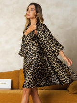 [Leopard] SilkSilky  3/4 Sleeve V Neck Nightgown&Robe Set 005