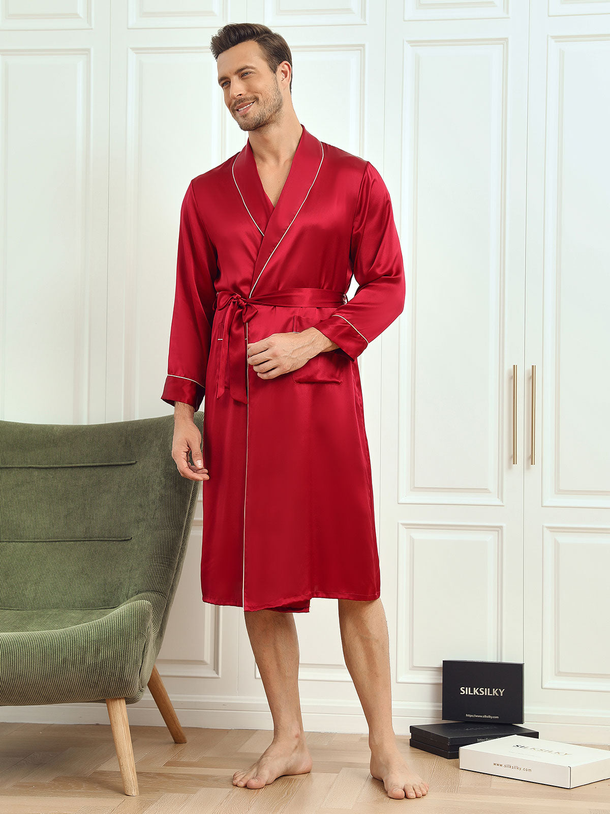 SilkSilky US Pure Silk Long Sleeve Lapel Men's Robe Wine 003