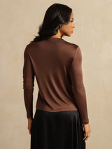 [Coffee] SilkSilky  100% Silk Jersey Long Sleeve Crew Neck Women's T-Shirt 002