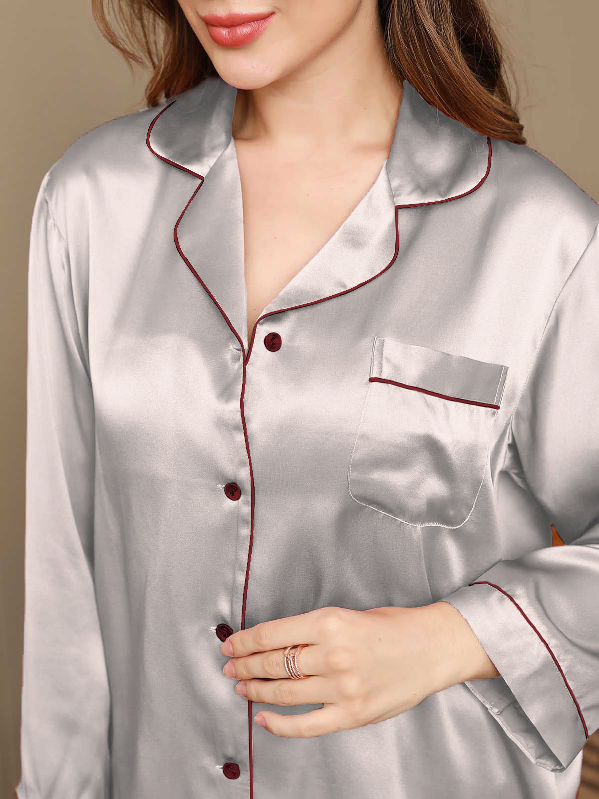 SilkSilky US Pure Silk Long Sleeve Lapel Women's Pajamas Silver 006