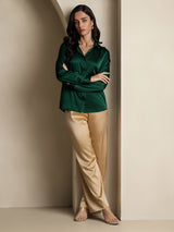 [Dark Green] SilkSilky  19Momme Stretch Silk Charmeuse Long Sleeve Lapel Collar Women's Shirt 008
