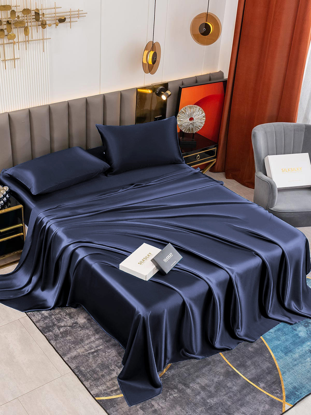 SilkSilky US 19Momme Pure Silk Bedding Set DarkBlue 001