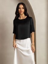 [Black] SilkSilky  Pure Silk Half Sleeve Scoop Neck Women's T-Shirt 004
