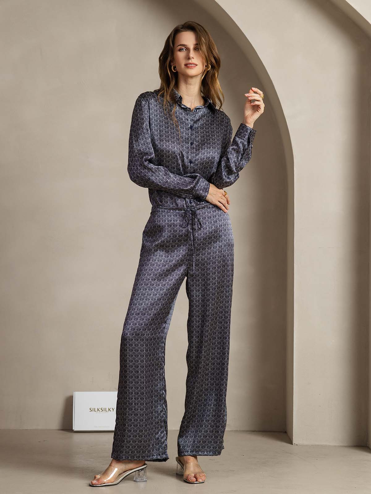 [Navy Ginkgo] SilkSilky  19Momme Silk Womens Pants 003