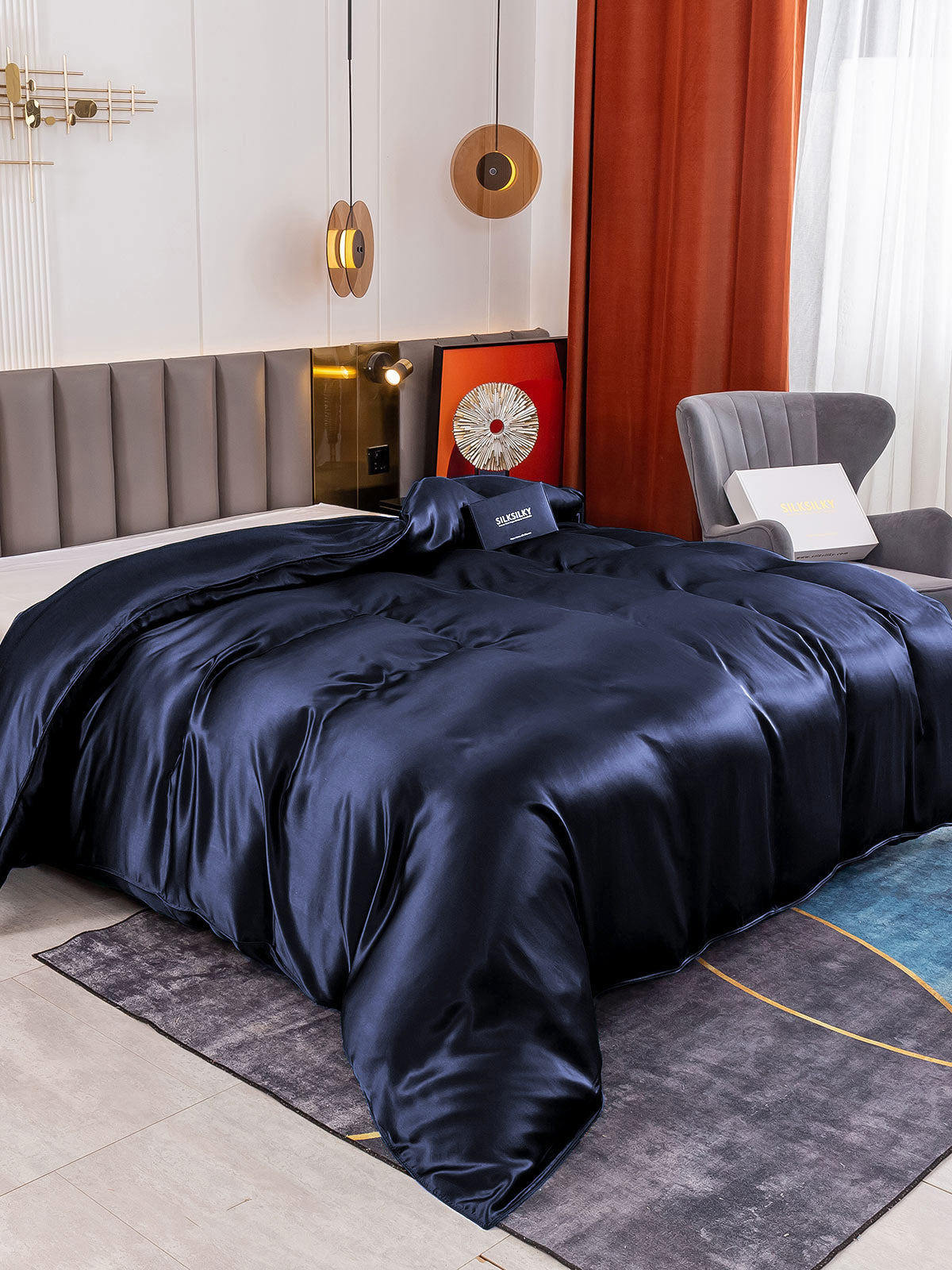 SilkSilky US 19Momme Pure Silk Duvet Cover DarkBlue 001