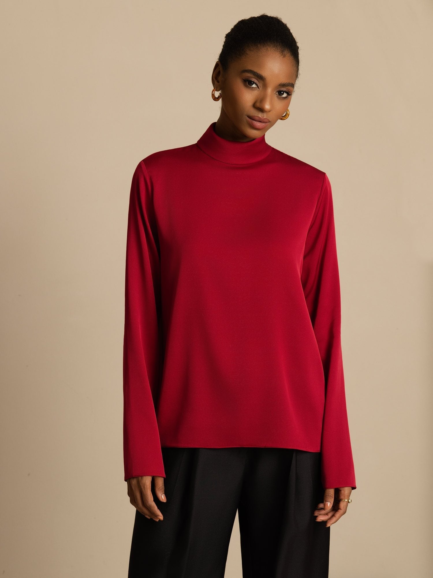 [Wine] SilkSilky 19Momme Silk Long Sleeve Turtle Neck Women's T-Shirt 002
