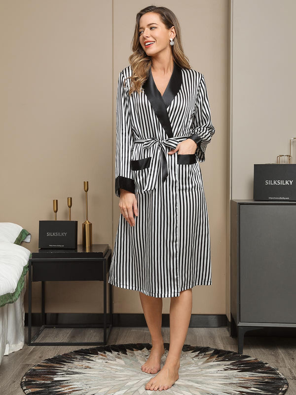 Clearance(US Warehouse) -  Pure Silk Stripe Pattern Belted Long Robe