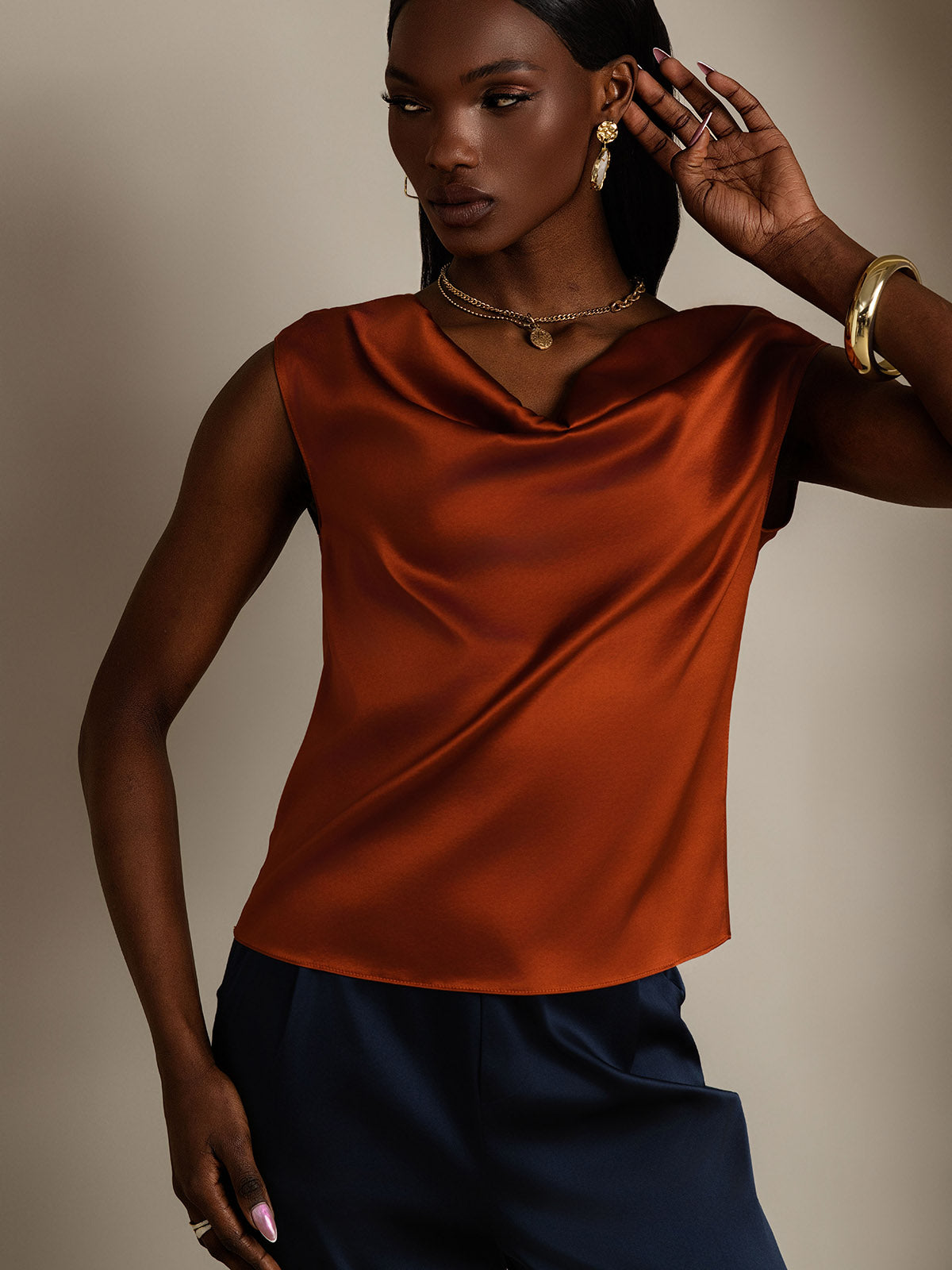 [Caramel] SilkSilky  19Momme Silk Cowl Neck Women's T-Shirt 006