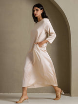 [Beige] SilkSilky 3/4 Sleeve Round Neck Dress 007