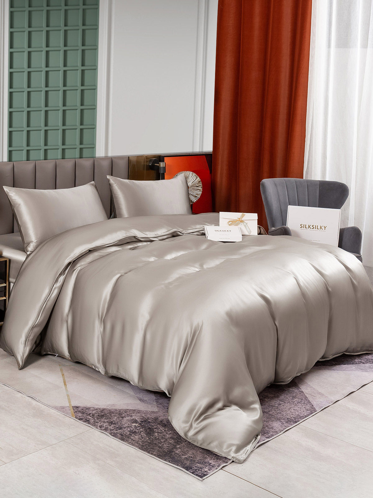 SilkSilky US 25Momme Pure Silk Bedding Set Gray 004