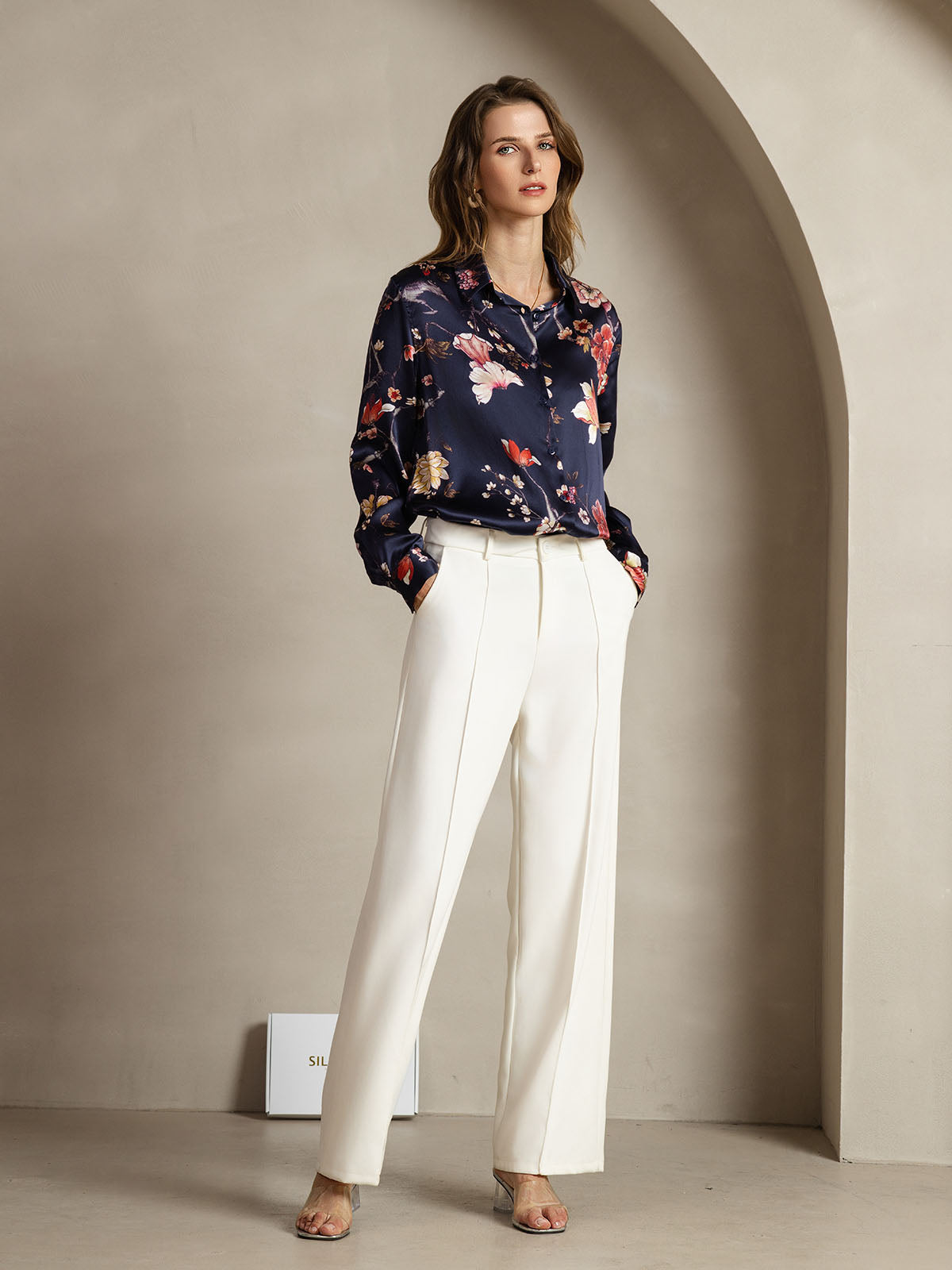 [Navy Floral] SilkSilky  Silk Lapel Collar Women's Shirt 003
