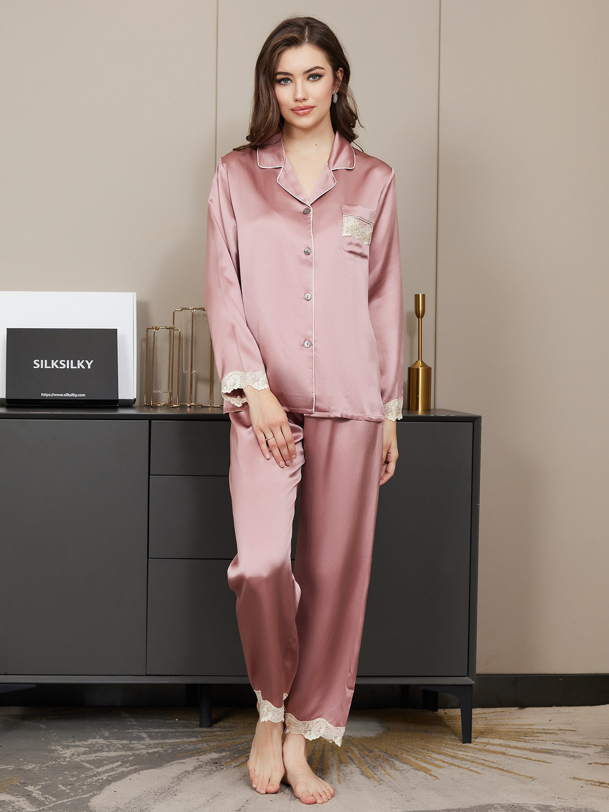 [Pale Mauve] SilkSilky Pure Silk Long Sleeve Lapel Women's Pajamas 005