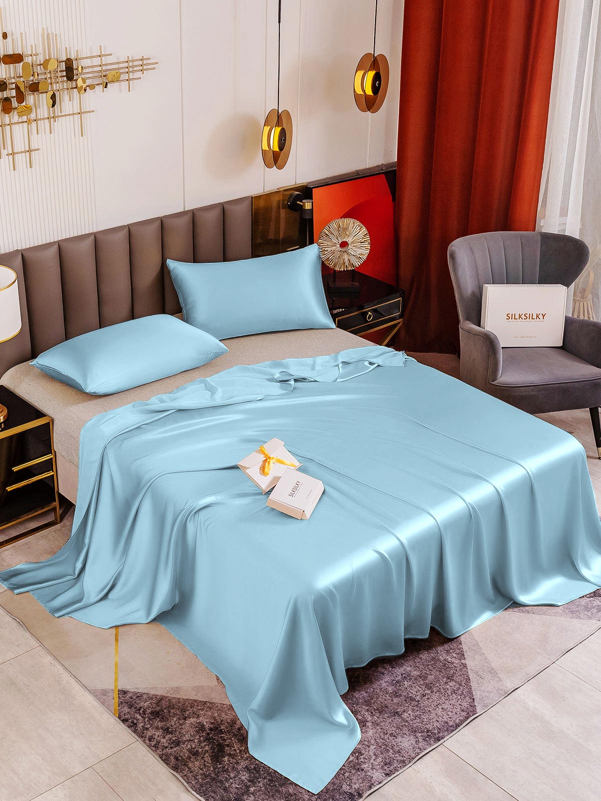 SilkSilky US 19Momme Pure Silk Bedding Set LightBlue 001