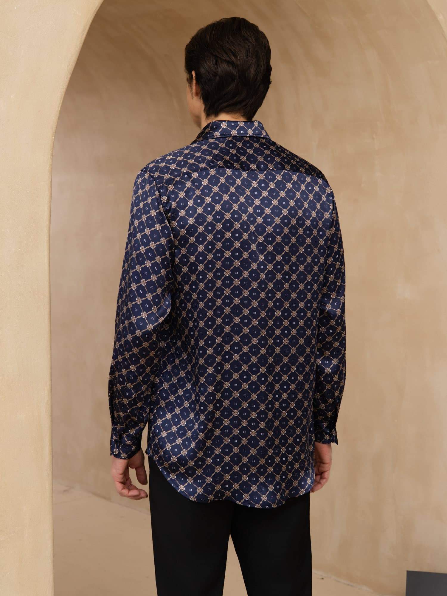 [Navy Chain] SilkSilky Long Sleeve Lapel Collar Men's Shirt 002