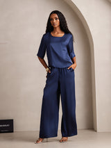 [Dark Blue] SilkSilky  Half Sleeve Round Neck Women's Pajamas 006
