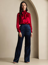 [Wine] SilkSilky  Long Sleeve Tie Neck Blouse 008