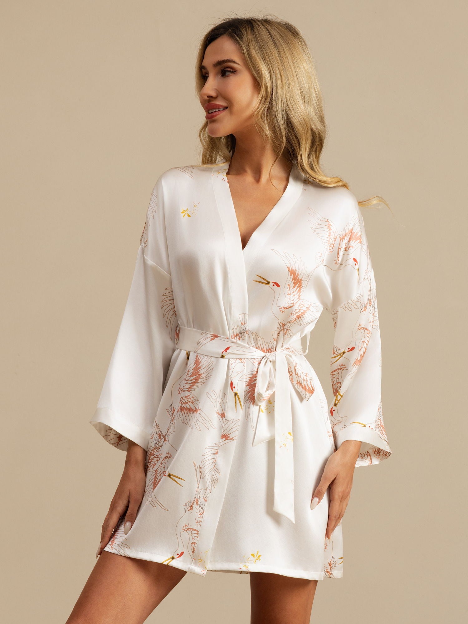 [White] SilkSilky  19Momme 3/4 Sleeve Women's Robe 004