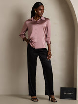 [Pale Mauve] SilkSilky  19Momme Stretch Silk Charmeuse 3/4 Sleeve Lapel Collar Women's Shirt 006