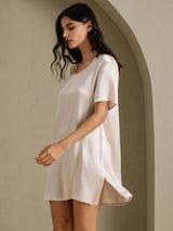 [Beige] SilkSilky  Half Sleeve V Neck Nightgown 001