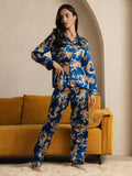 SilkSilky  Pure Silk Long Sleeve Lapel Women's Pajamas Blue 005