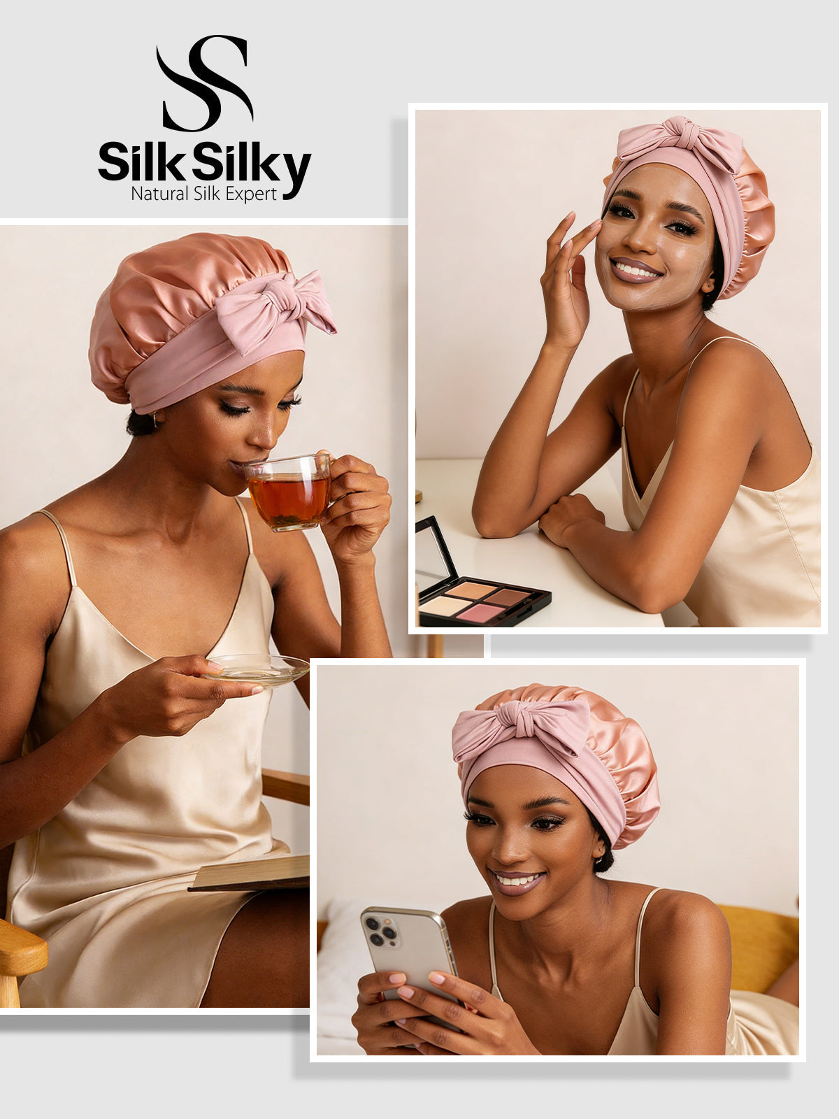 [Pink] SilkSilky  Pure Silk Sleep Cap 005