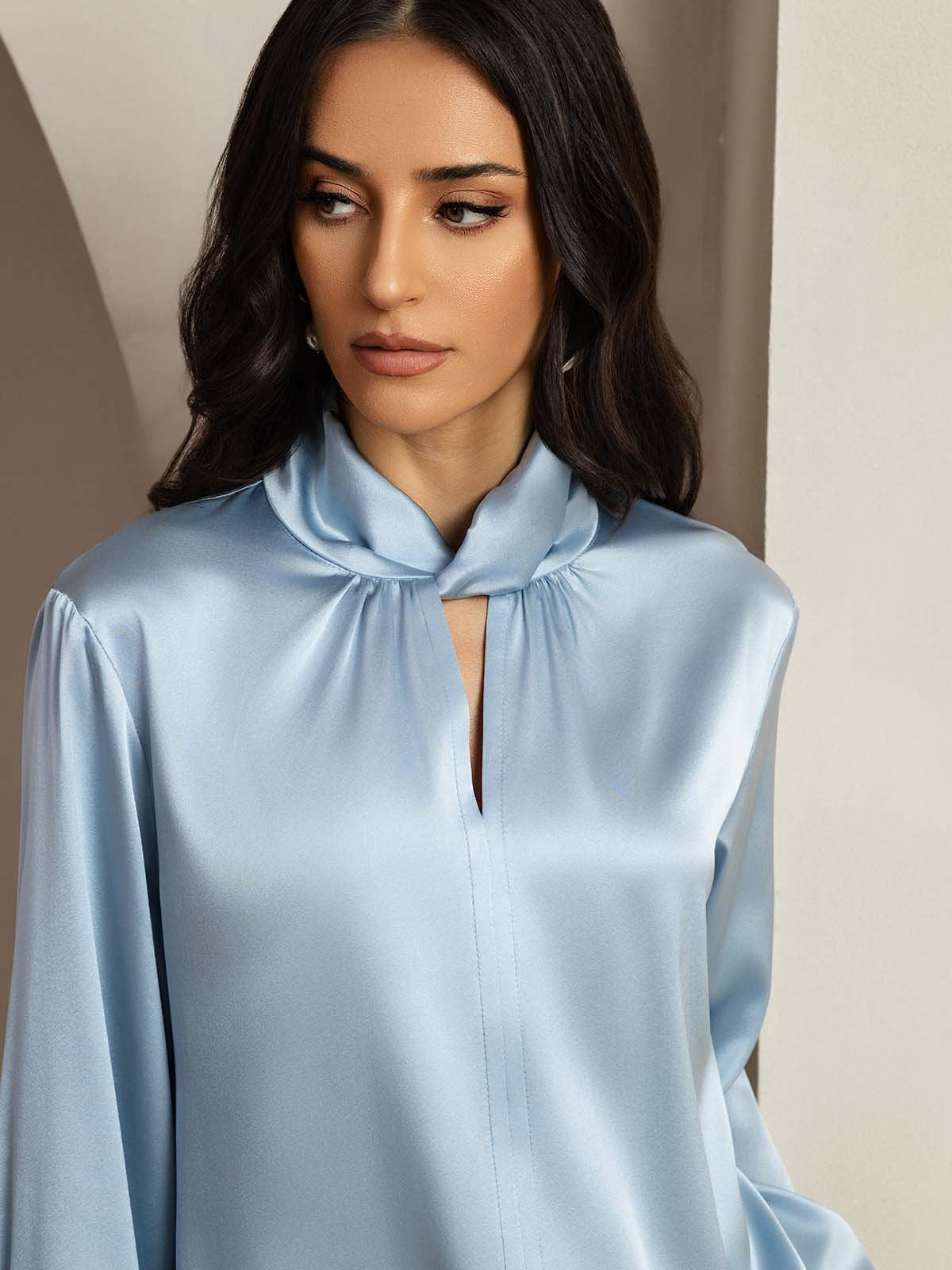 [GrayishBlue] SilkSilky 19Momme Silk Keyhole Neck Women's Shirt 003
